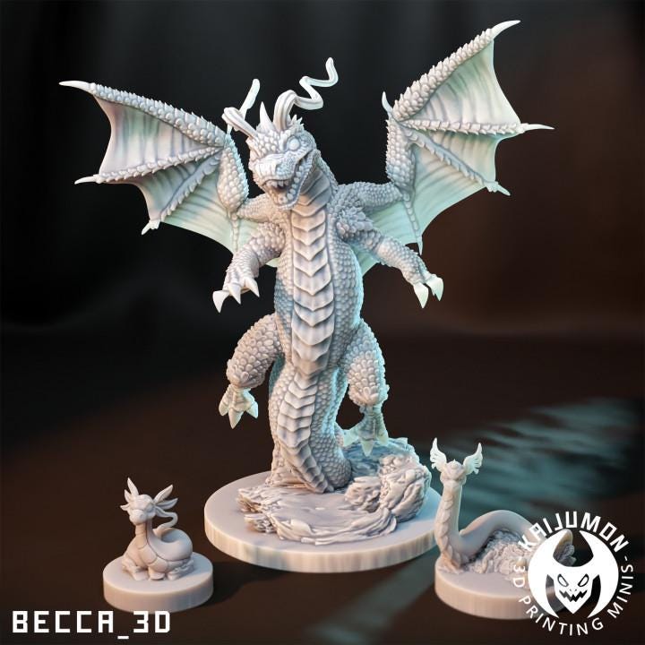 Kaijumon Dratini, Dragonair, Dragonite & Mega Dragonite| 3D Resin Printed Figures | Unpainted Miniatures for Painting, Display, or TTRPG